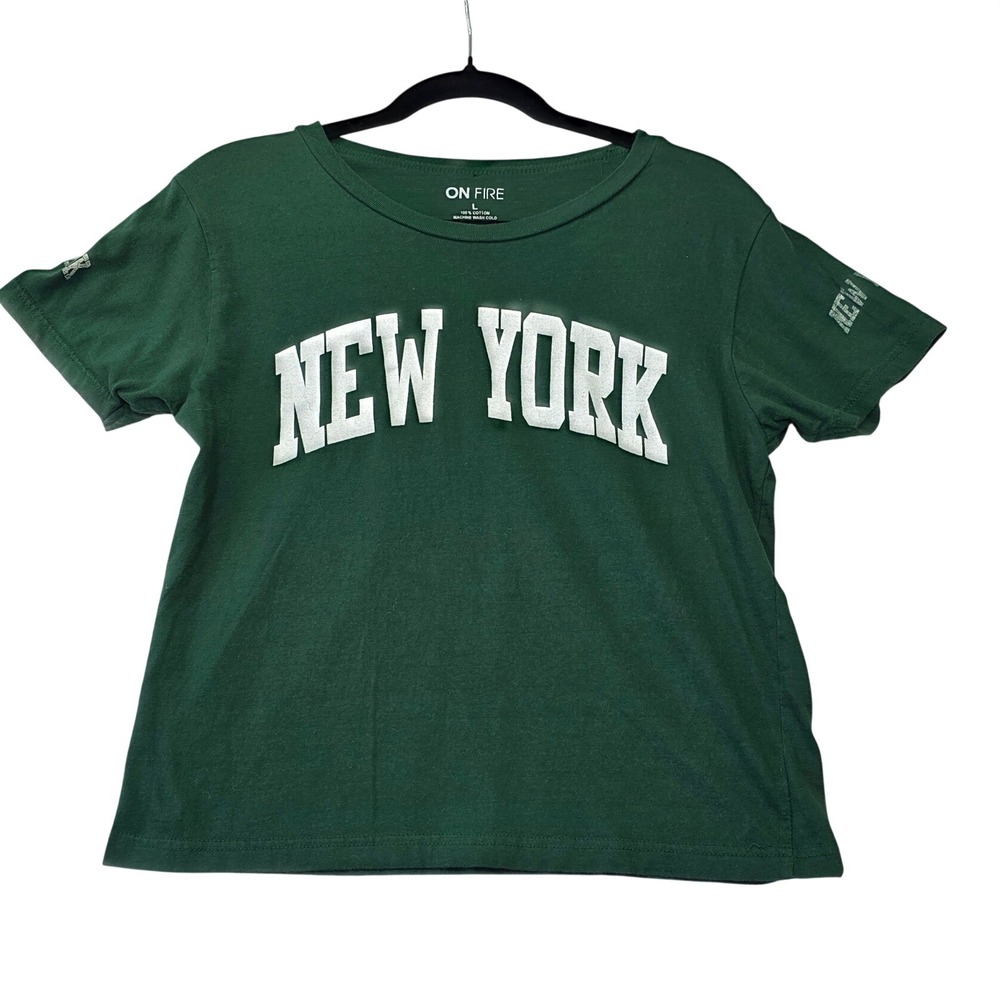 On Fire New York Graphic Tee Forest Green Cotton Short Sleeve Shirt Large Preppy